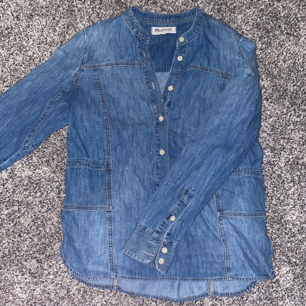 Madewell 3/4 Button Denim Blouse with Front Pockets